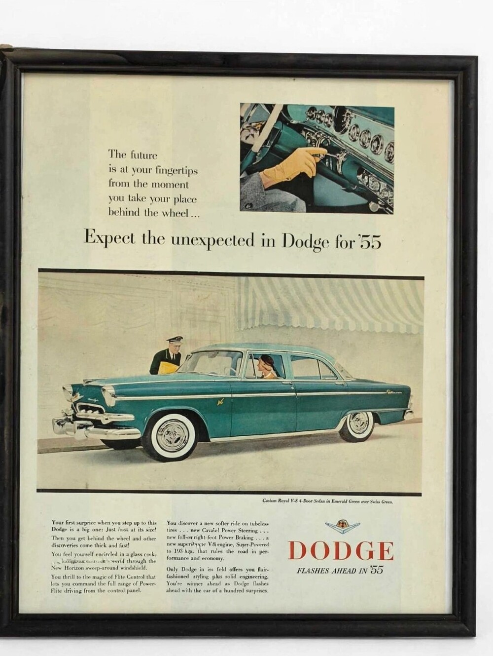 Vintage 1955 Dodge Custom Royal Framed Ad Poster | MCM Car Decor | Man Cave Wall